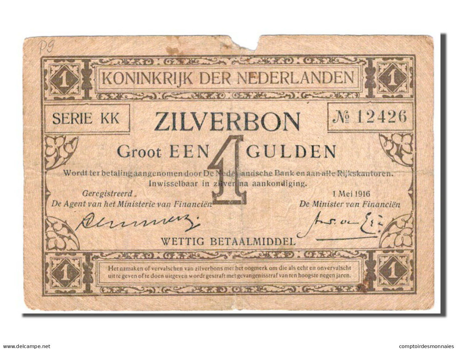 Billet, Pays-Bas, 1 Gulden, 1916, B+ - 1 Florín Holandés (gulden)