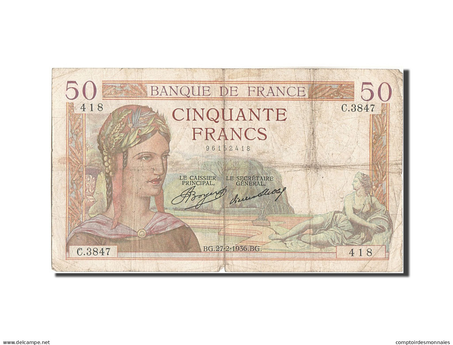 Billet, France, 50 Francs, 50 F 1934-1940 ''Cérès'', 1936, 1936-02-27, B+ - 50 F 1934-1940 ''Cérès''