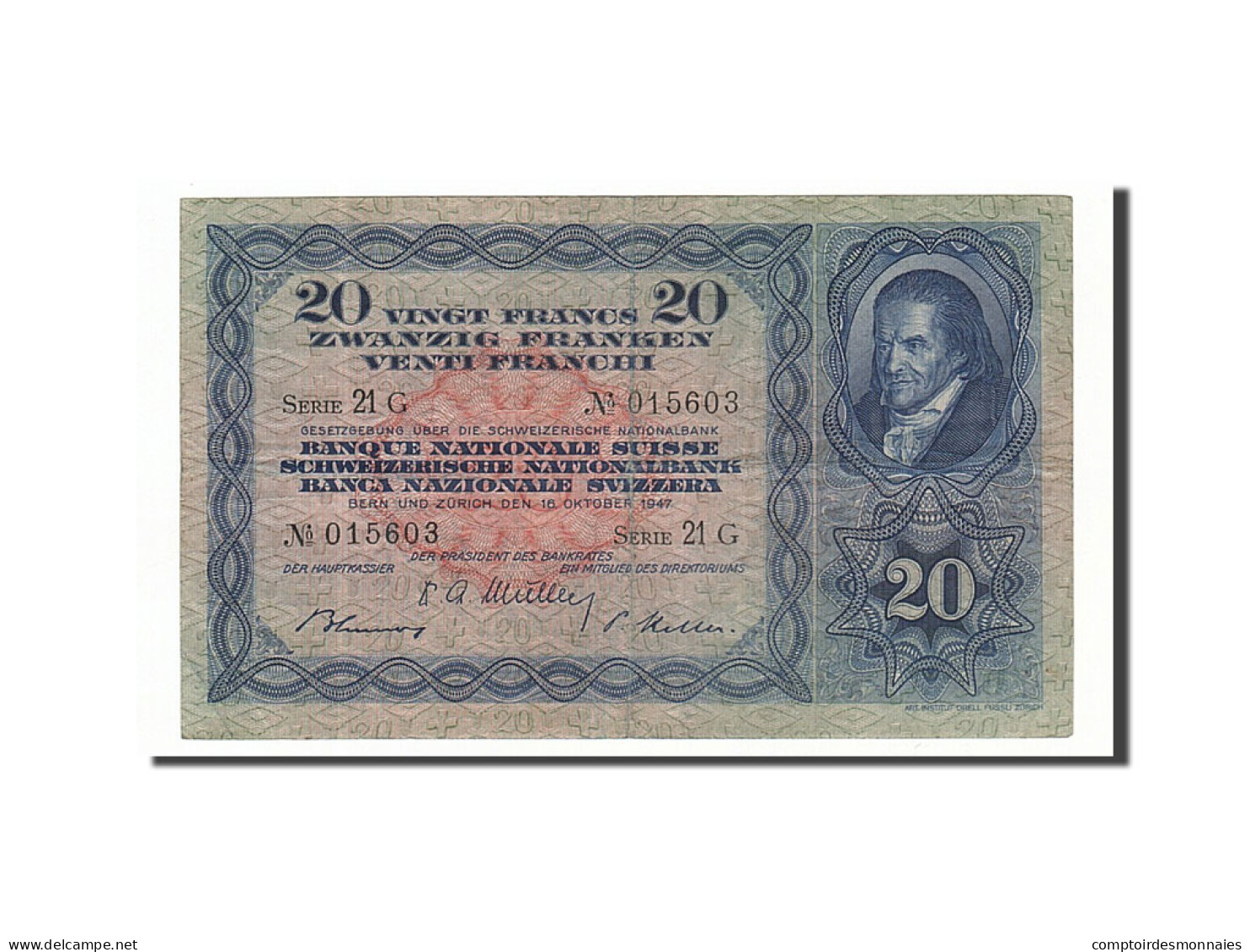 Billet, Suisse, 20 Franken, 1947, 1947-10-16, TTB - Schweiz