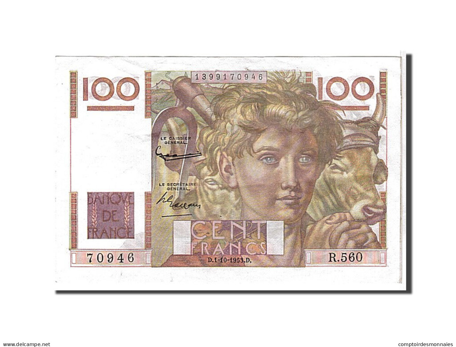 Billet, France, 100 Francs, 100 F 1945-1954 ''Jeune Paysan'', 1953, SUP - 100 F 1945-1954 ''Jeune Paysan''