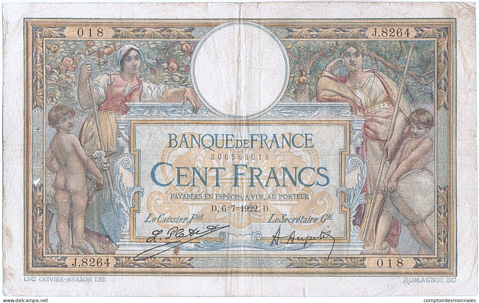 Billet, France, 100 Francs, 100 F 1908-1939 ''Luc Olivier Merson'', 1922 - 100 F 1908-1939 ''Luc Olivier Merson''