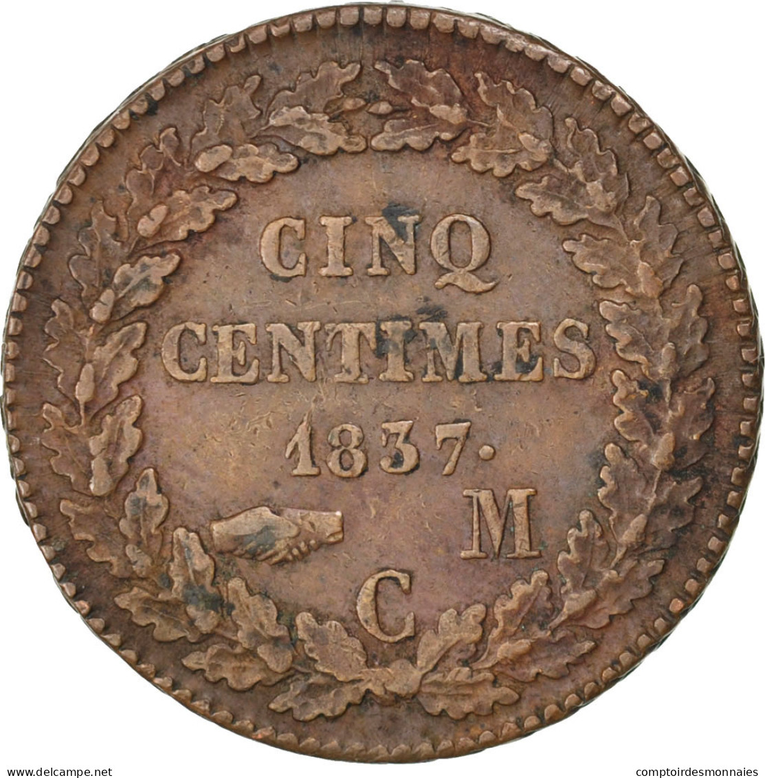 Monnaie, Monaco, Honore V, 5 Centimes, Cinq, 1837, Monaco, TTB, Cast Brass - 1819-1922 Honoré V, Charles III, Albert I