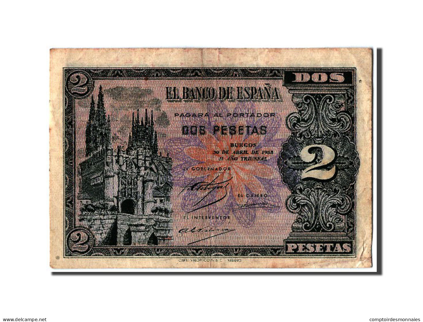 Billet, Espagne, 2 Pesetas, 1938, 1938-04-30, TTB - 1-2 Pesetas