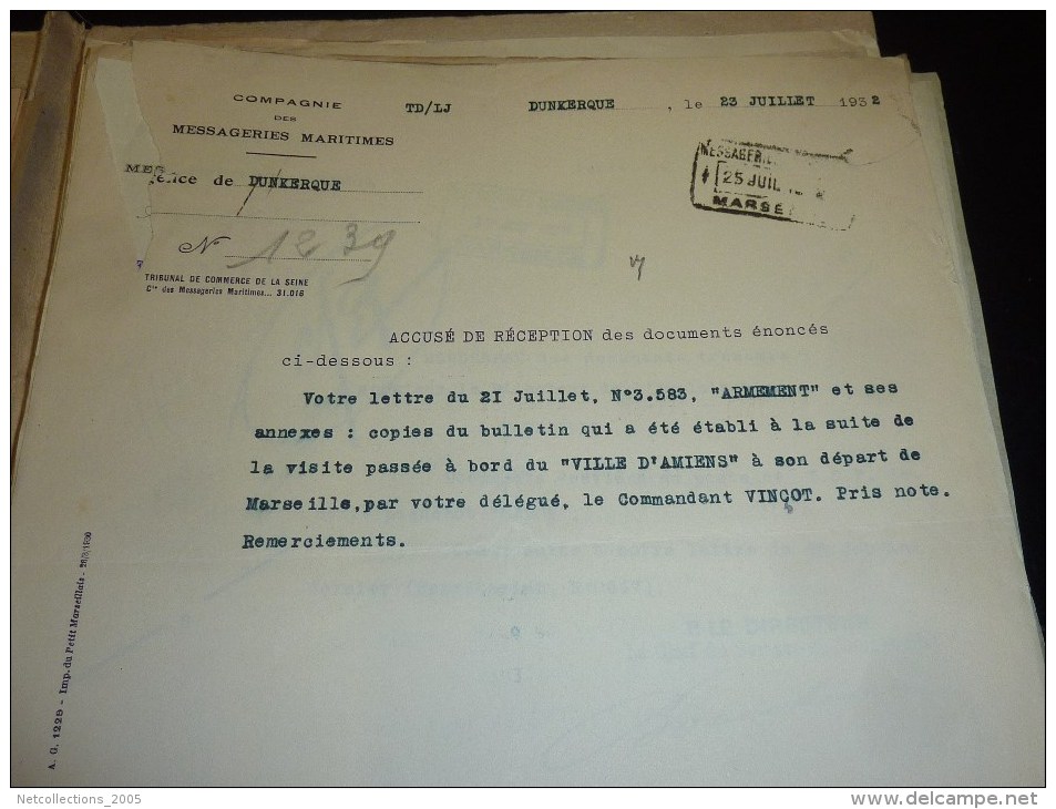 108 DOCUMENTS FEUILLE COPIE DE LETTRE TAPUSCRITE, MANUSCRITE MESSAGERIES MARITIMES ETAT DU MOSSOUL APRES SON TORPILLAGE - Bateau