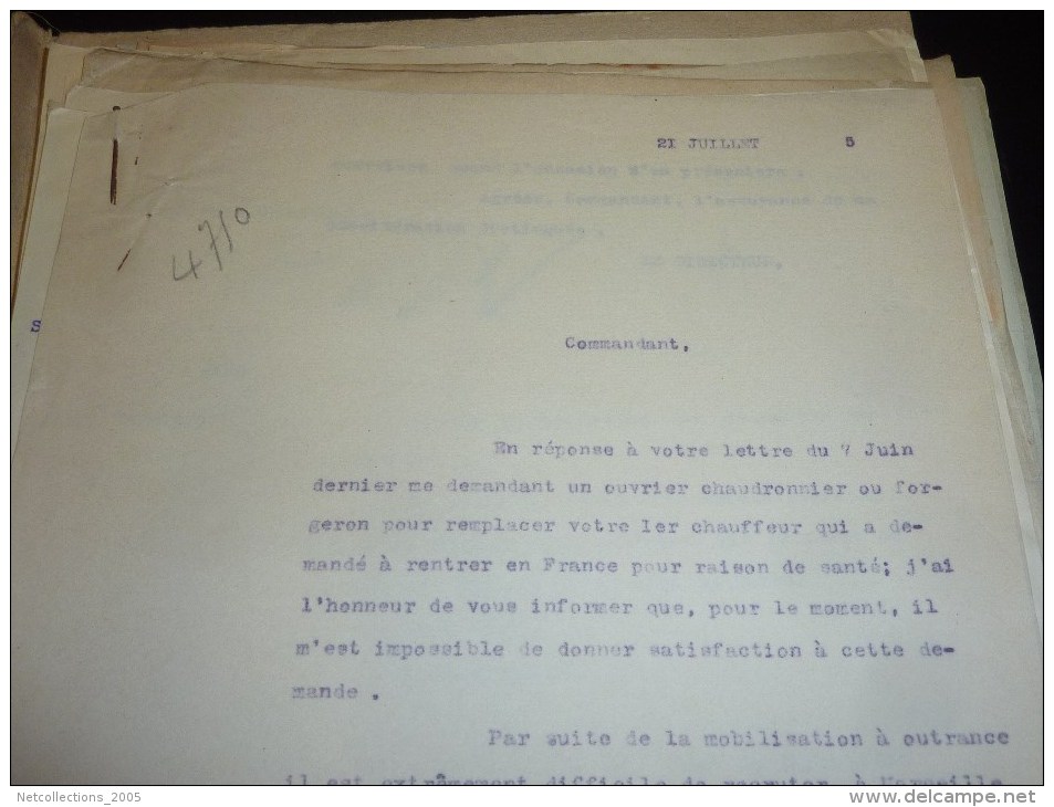 108 DOCUMENTS FEUILLE COPIE DE LETTRE TAPUSCRITE, MANUSCRITE MESSAGERIES MARITIMES ETAT DU MOSSOUL APRES SON TORPILLAGE