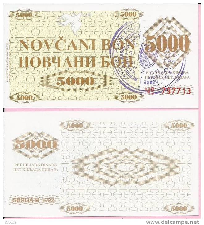 MONEY COUPON (NOV&#268;ANI BON) 5000 DINARA, - UNC, Handstamp Sarajevo, Seria M 1992., Bosnia And Herzegovina - Bosnië En Herzegovina