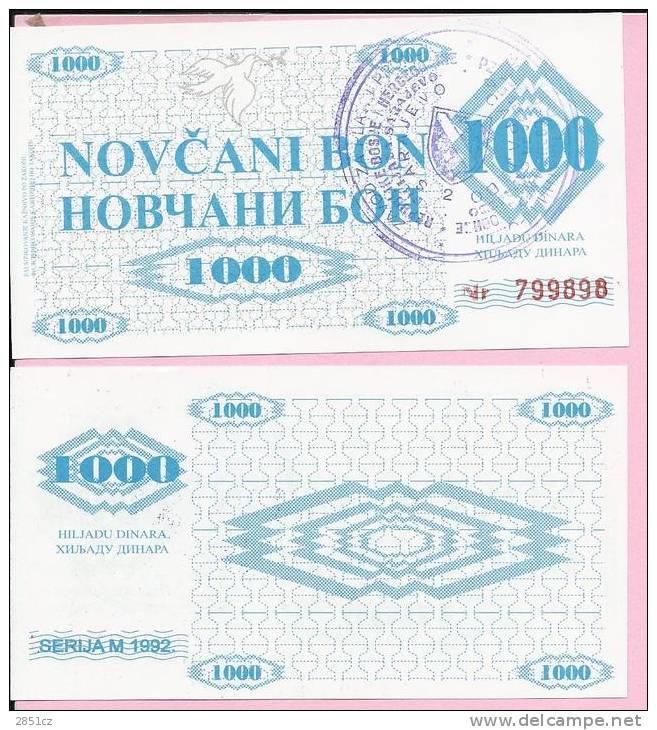 MONEY COUPON (NOV&#268;ANI BON) 1000 DINARA, - UNC, Handstamp Sarajevo, Seria M 1992., Bosnia And Herzegovina - Bosnie-Herzegovine