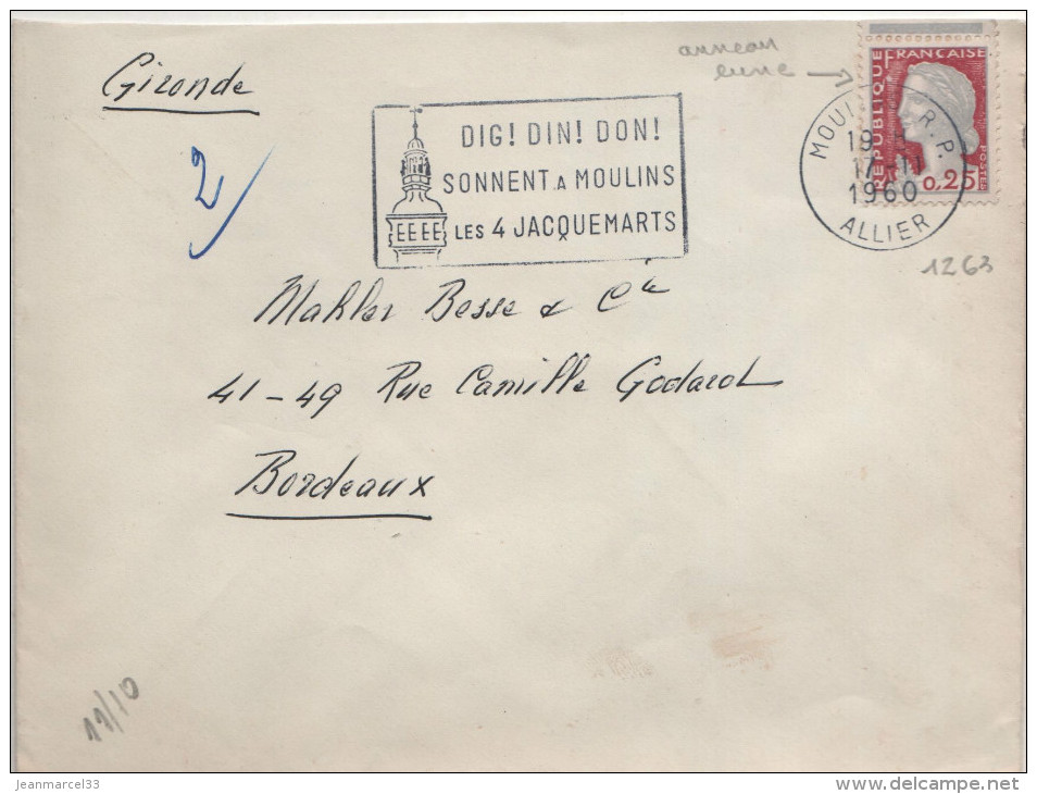 Lettre  Variété Du N° 1263 Flamme De Moulin RP 17-11 1960 =o " Anneau Lune Sur Le Timbre Entre Q Et U De République - Lettres & Documents