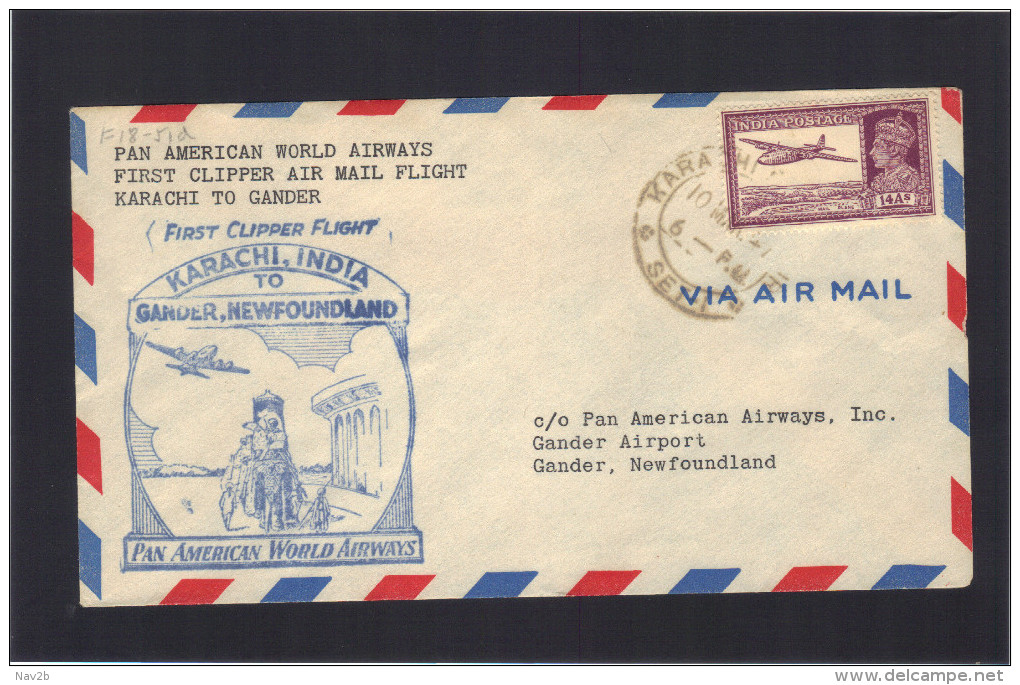 Pan American First Clipper Air Mail Flight KARACHI - GANDER ( Terre Neuve ).1947. Muller 175. - Avions