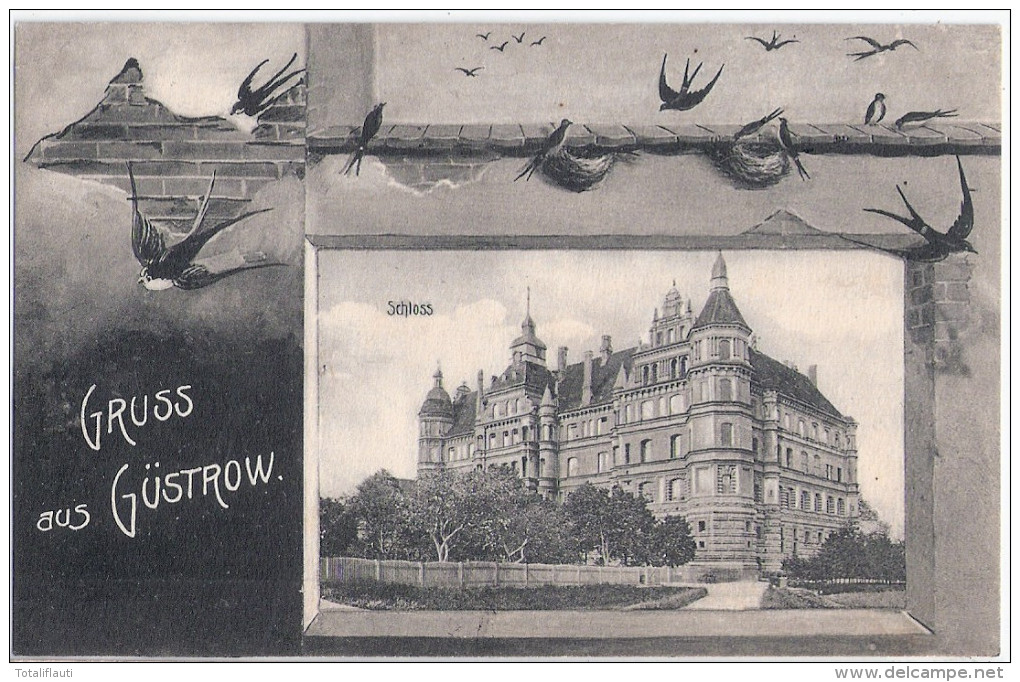 GÜSTROW Schloß Schwalbenkarte Passepartout Bahnpost HAMBURG STETTIN Z.338  Gelaufen 28.7.1912 - Guestrow