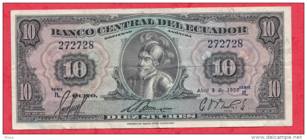 Equateur 10 Sucre 08/04/1959 TRES RARE (Inconnu Sur World Paper Money Et Delcampe) ERREUR DE  DATE Etat - Ecuador