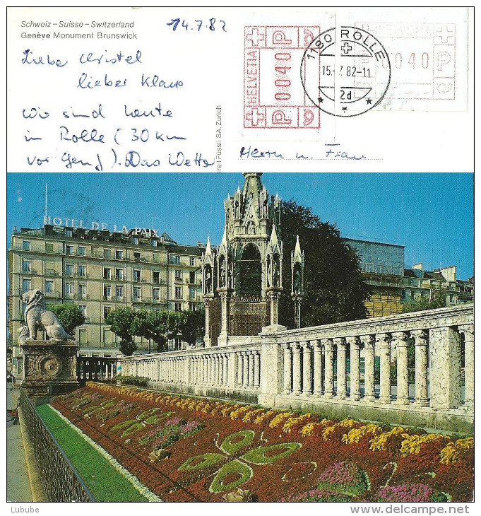 AK  "Genève - Monument Brunswick"  (ATM-Mischfrankatur)             1982 - Automatic Stamps