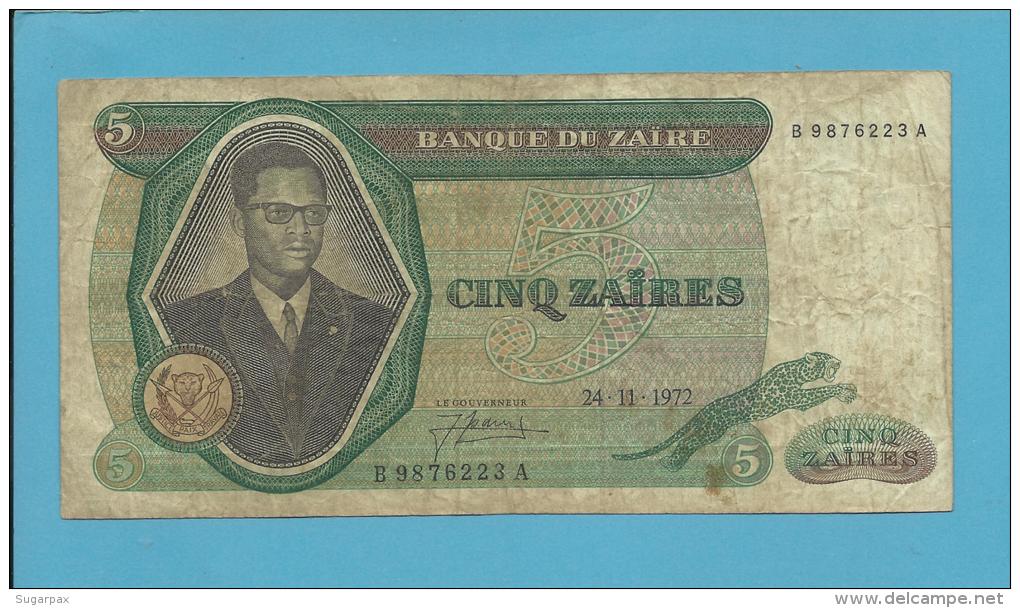 ZAIRE - 5 ZAIRES - 24/11/1972 - Pick 20 - Sign. 3 - Mobutu - 2 Scans - Zaire