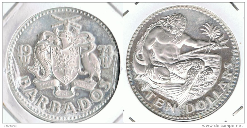 BARBADOS 10 DOLLARS 1974 NEPTUNO PLATA SILVER - Bolivia