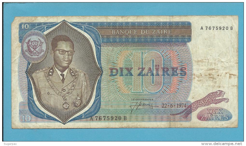 ZAIRE - 10 ZAIRES - 22/06/1974 - Pick 23.a - Sign. 3 - Mobutu - 2 Scans - Zaire