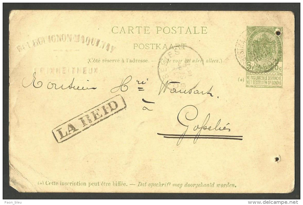 Griffe Linéaire Gare LA REID + Obl. Ambulant HERBESTHAL - BRUXELLES 14 Sept 1903 - Linear Postmarks