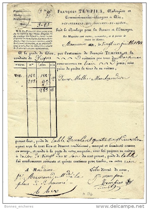 RARE LETTRE DE VOITURE ROULAGE FRANCOIS TEMPLIER AUBERGISTE COMMISSIONNAIRE AIX 1818 T.B.E - 1800 – 1899