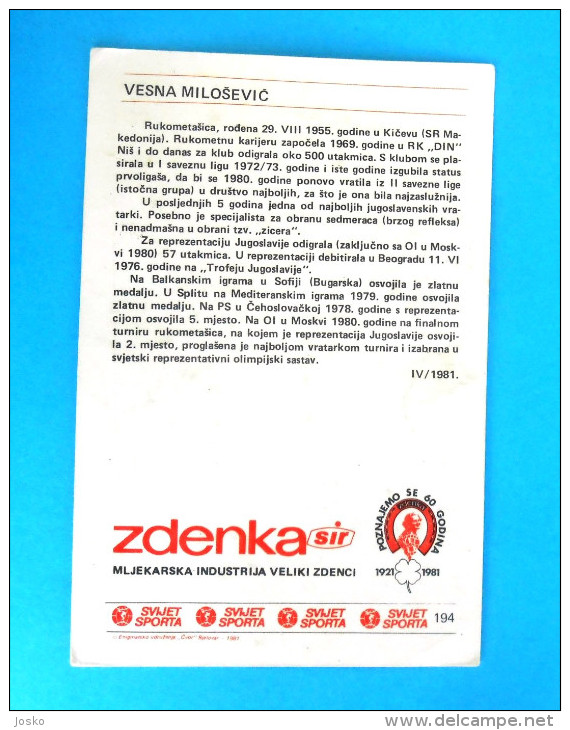 HANDBALL - Vesna Milosevic  ( Yugoslavia Vintage Card Svijet Sporta ) Hand-ball Balonmano Pallamano - Handball