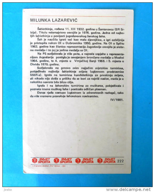 MILUNKA LAZAREVIC - Yugoslavia Vintage Card Svijet Sporta * Chess Echecs Ajedrez Schach Scacchi Check Shah - Chess