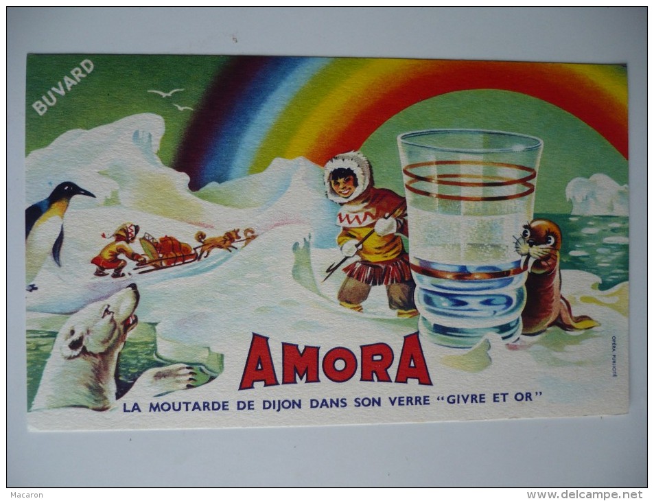 BUVARD AMORA Esquimau. Années 50. TRES BON ETAT  Verre Givre Et Or, OURS, PHOQUE, PINGOUIN, TRAINEAU Arc En Ciel - Moutardes