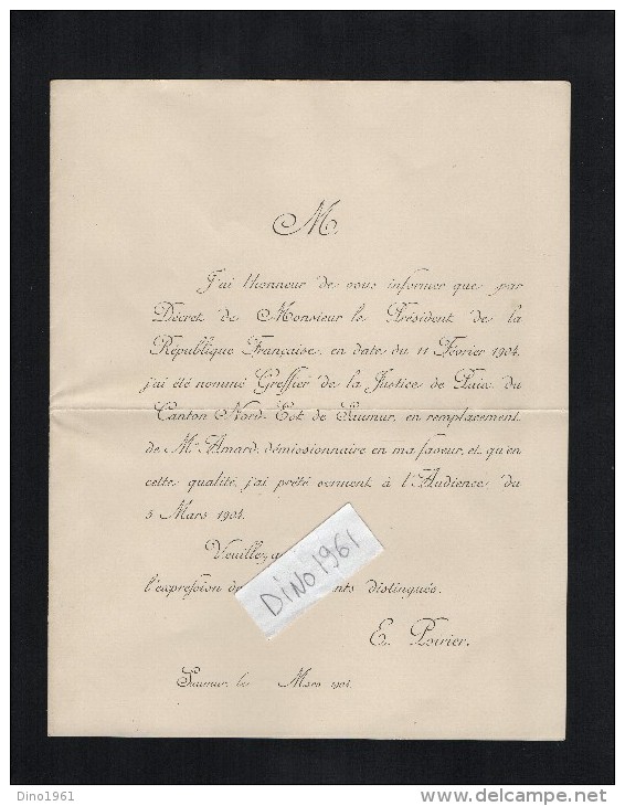 VP1650 - Faire - Part - Nomination D'un Nouveau Greffier De La Justice De Paix Mr E. POIRIER à  SAUMUR - Autres & Non Classés