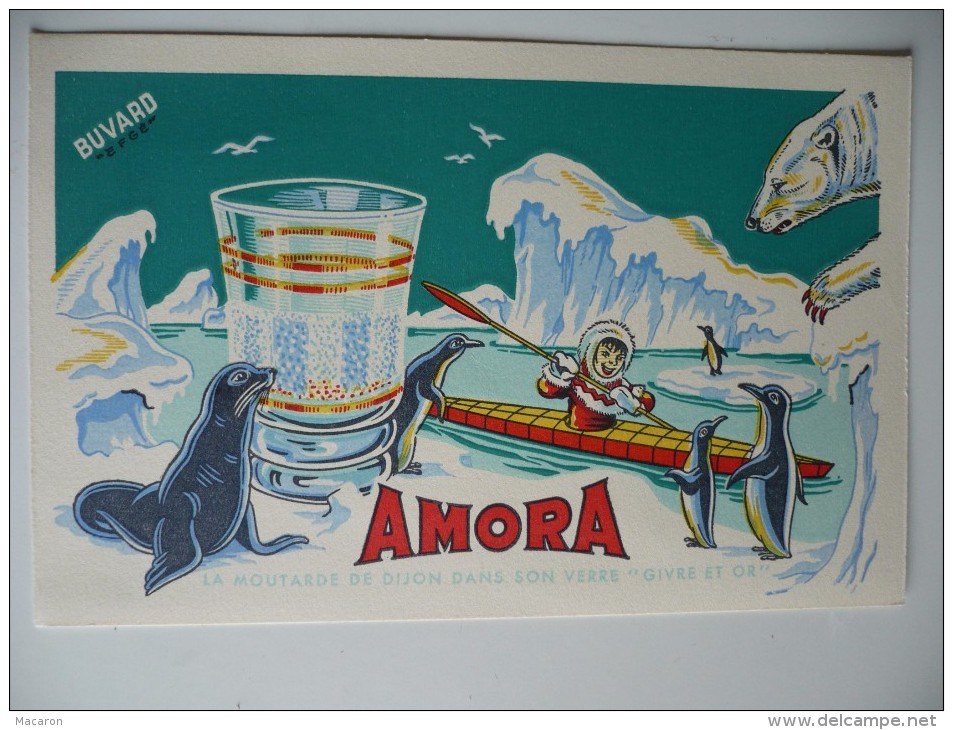 BUVARD AMORA Esquimau KAYAK. Années 50. TRES BON ETAT  Verre Givre Et Or, OURS, PHOQUE, PINGOUIN, - Senf