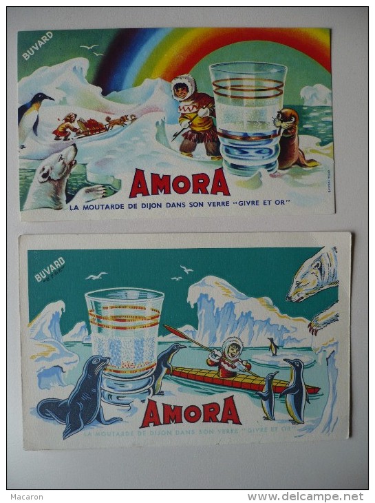 2 BUVARDS AMORA Esquimau. Années 50. TRES BON ETAT  Verre Givre Et Or, KAYAK, OURS, PHOQUE, PINGOUIN, TRAINEAU, MORSE - Senf