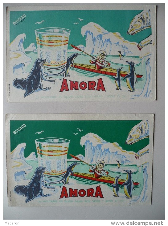 2 BUVARDS AMORA Esquimau KAYAK. Fonds VERTS CLAIR Et FONCE. Années 50. TBETAT Verre Givre Et Or, OURS, PHOQUE, PINGOUIN - Mostard