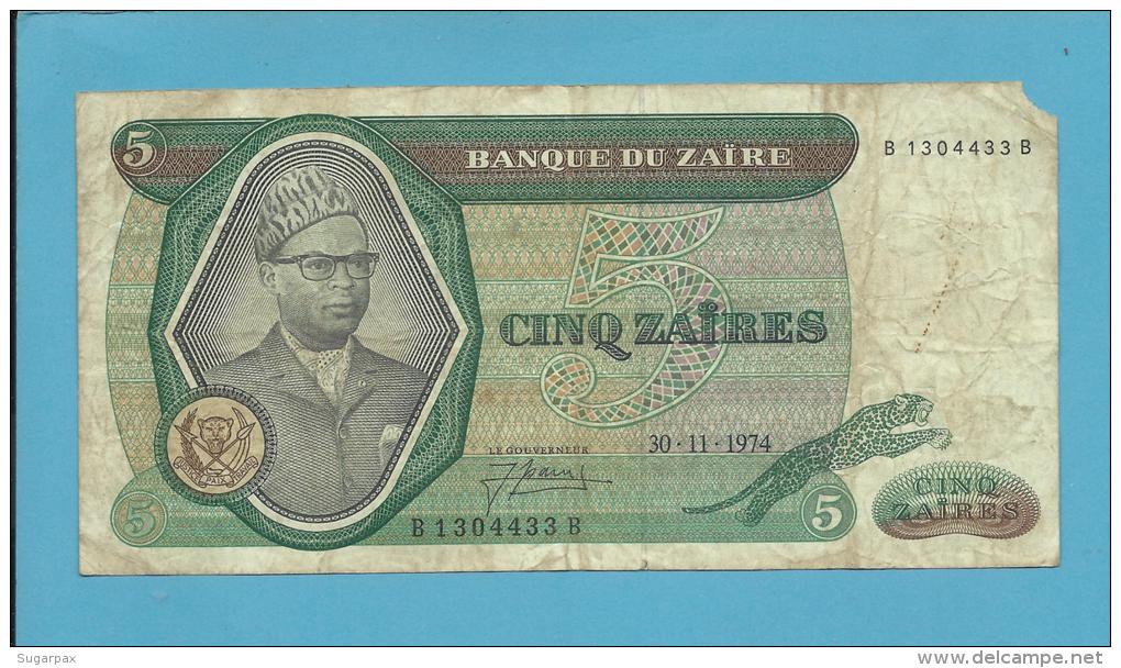 ZAIRE - 5 ZAIRES - 30/11/1974 - Pick 21.a - Sign. 3 - Mobutu - 2 Scans - Zaire