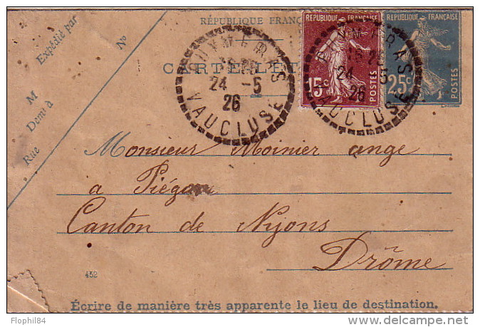 VAUCLUSE - PUYMERAS - 24-5-1926 - ENTIER POSTAL SEMEUSE + COMPLEMENT SEMEUSE. - Manual Postmarks