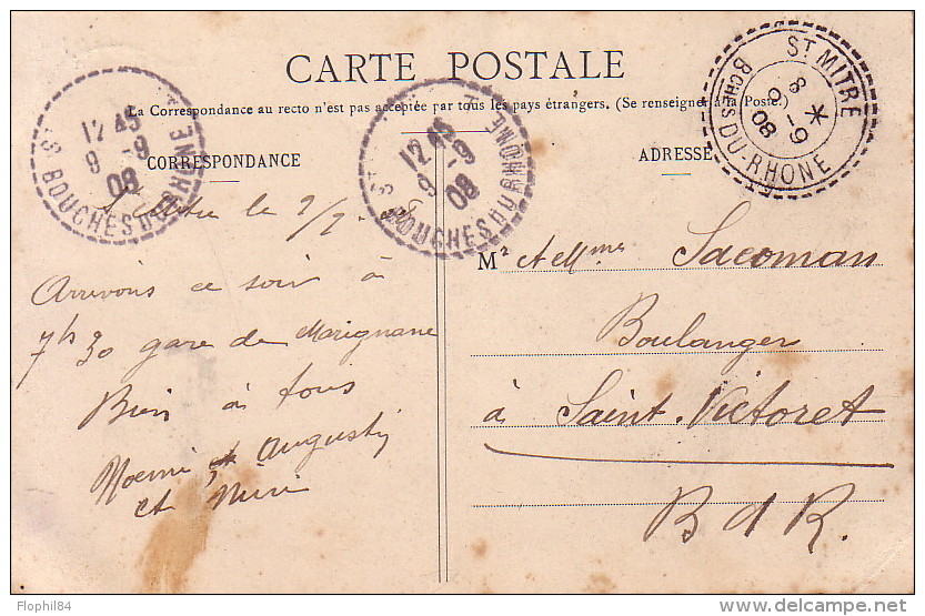 BOUCHES DU RHONE - ST MITRE - T84 DU 6-9-1908 - SEMEUSE 10c SUR CARTE POSTAL. - Cachets Manuels