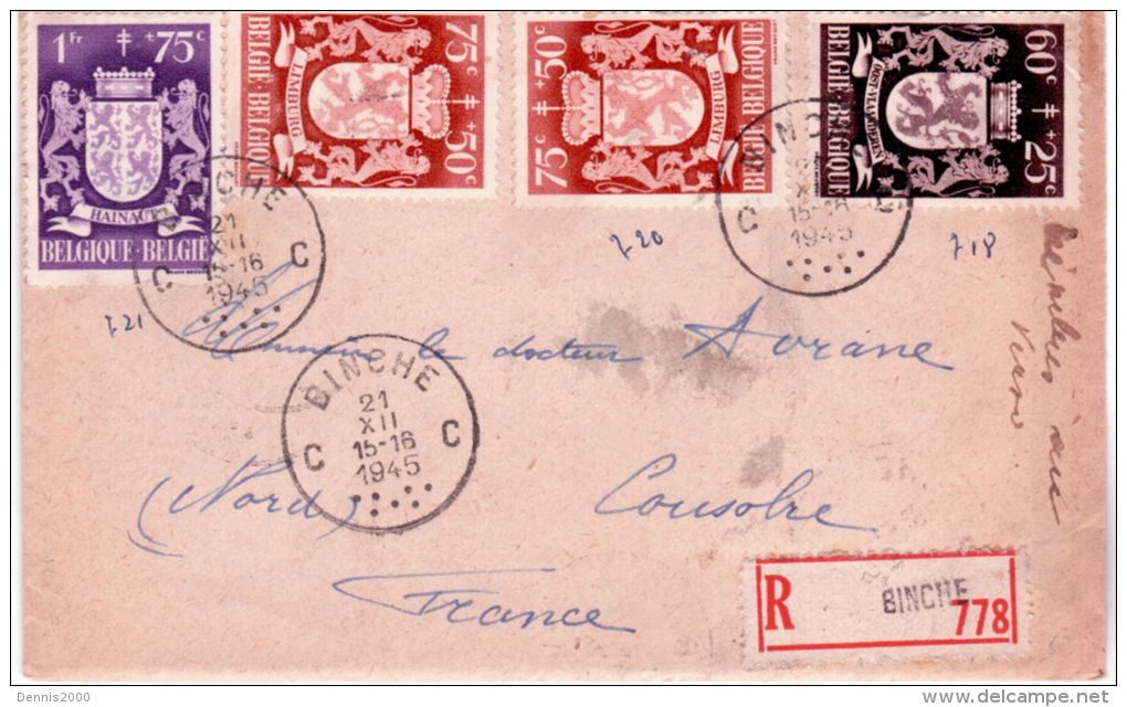 1945 - Enveloppe RECC. De Binche -  Affr. Série Blasons  Pour La France - Storia Postale