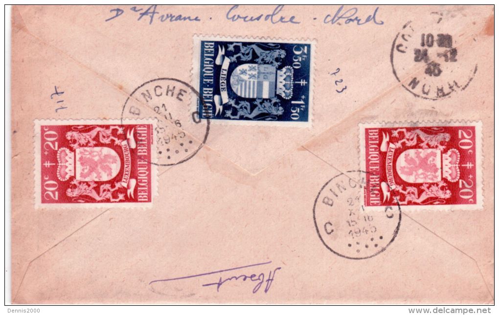 1945 - Enveloppe RECC. De Binche -  Affr. Série Blasons  Pour La France - Storia Postale