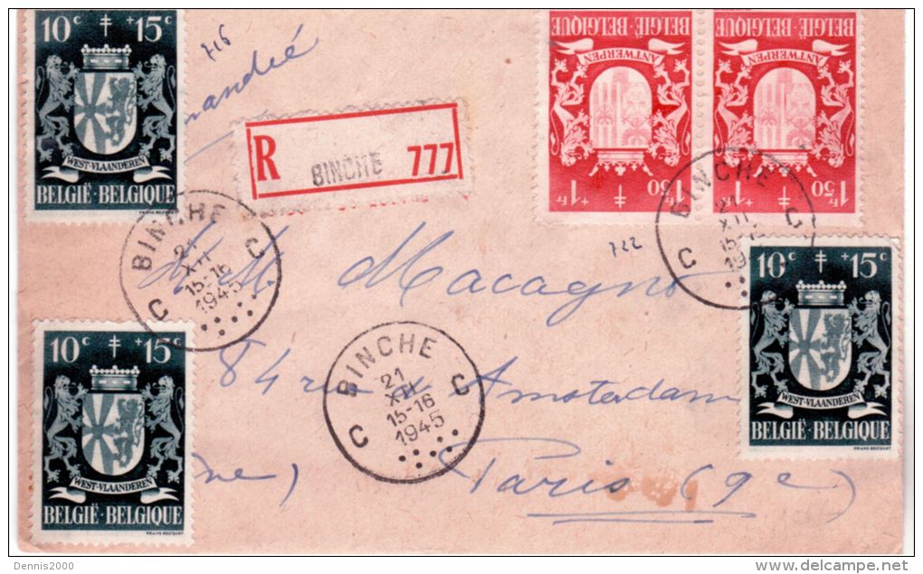 1945 - Enveloppe RECC. De Binche -  Affr. Série Blasons  Pour La France - Storia Postale