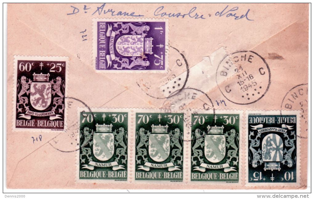 1945 - Enveloppe RECC. De Binche -  Affr. Série Blasons  Pour La France - Storia Postale