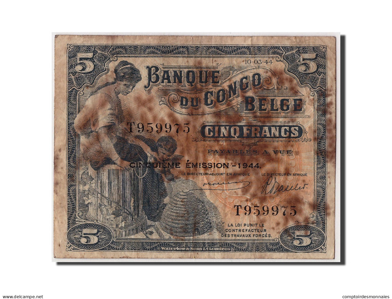 Billet, Congo Belge, 5 Francs, 1944, 1944-03-10, TB - Banque Du Congo Belge