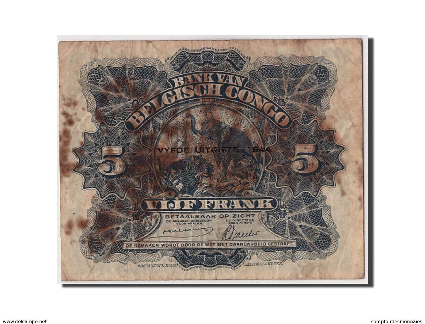 Billet, Congo Belge, 5 Francs, 1944, 1944-03-10, TB - Banque Du Congo Belge