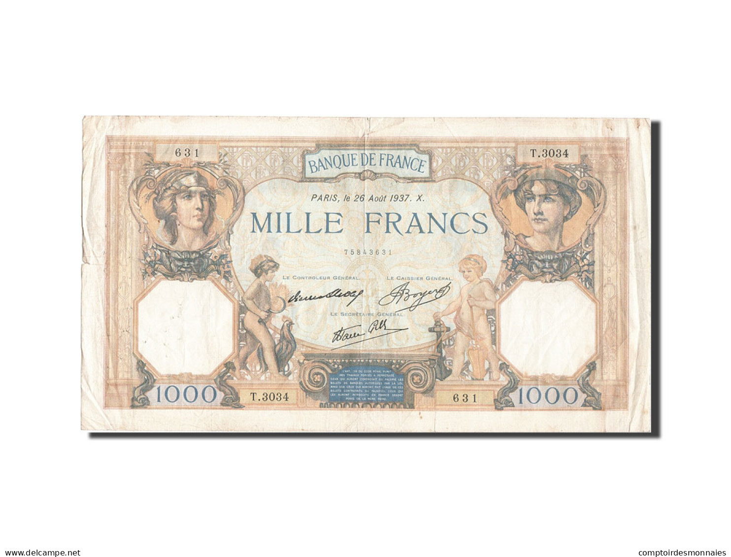 Billet, France, 1000 Francs, 1 000 F 1927-1940 ''Cérès Et Mercure'', 1937, TB - 1 000 F 1927-1940 ''Cérès Et Mercure''