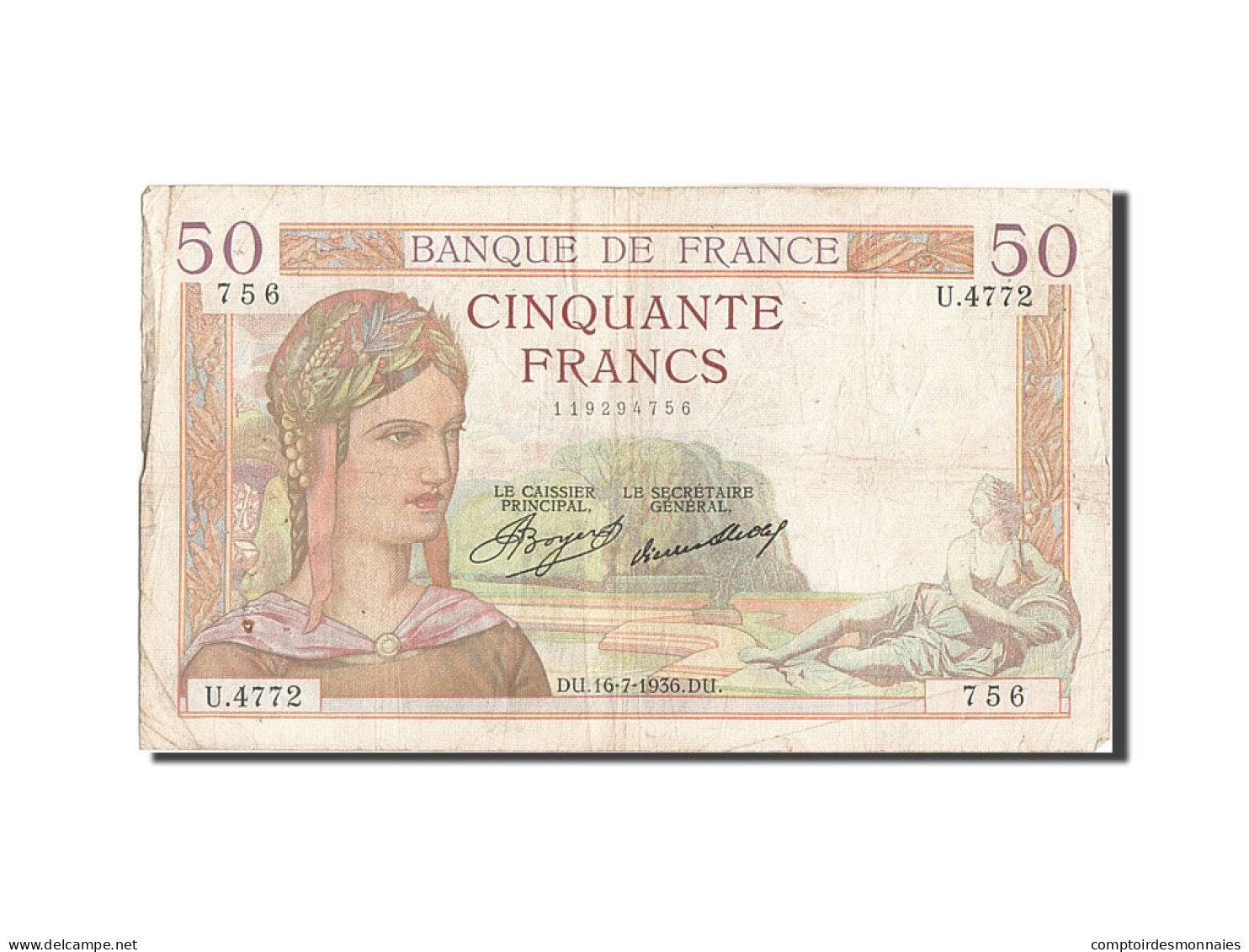 Billet, France, 50 Francs, 50 F 1934-1940 ''Cérès'', 1936, 1936-07-16, TB - 50 F 1934-1940 ''Cérès''