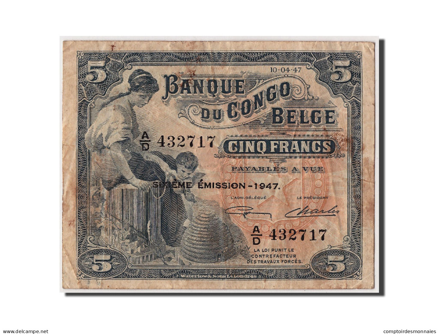 Billet, Congo Belge, 5 Francs, 1947, 1947-04-10, TB+ - Banque Du Congo Belge