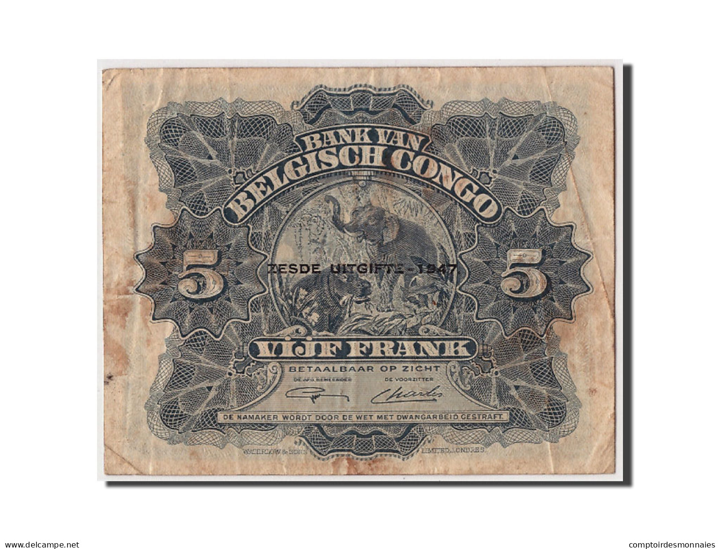 Billet, Congo Belge, 5 Francs, 1947, 1947-04-10, TB+ - Bank Belg. Kongo