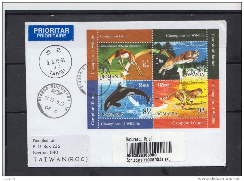 ROMANIA 2015 : CHAMPIONS OF WILDLIFE Registered Cover Circulated To TAIWAN - Registered Shipping! Envoi Enregistre! - Gebruikt