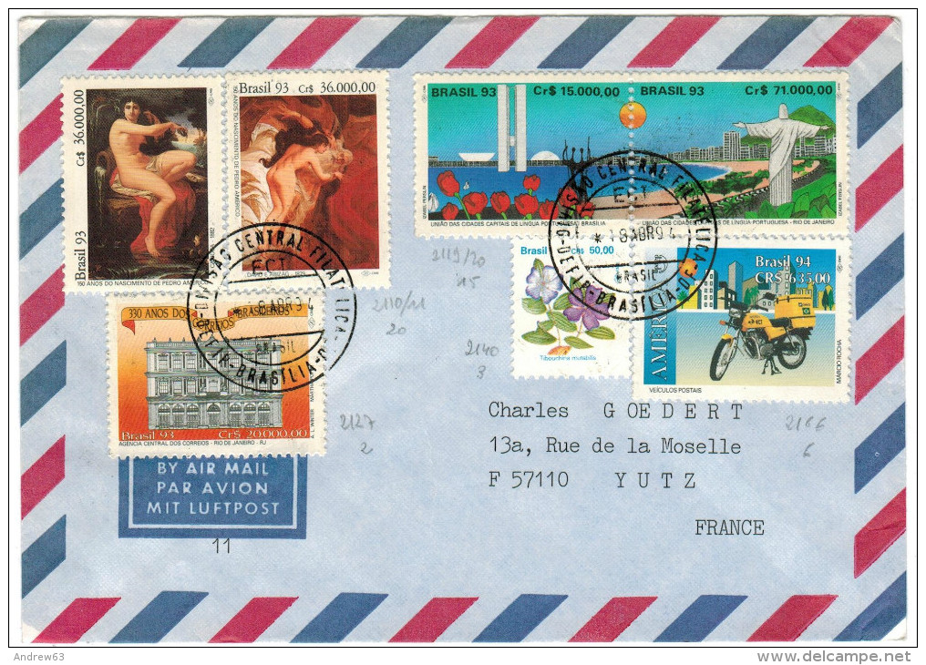 BRASILE - BRASIL - 1994 - Via Aerea - Par Avion - Air Mail - 7 Stamps - Viaggiata Da Araçatuba Per Nouilly, France - Brieven En Documenten