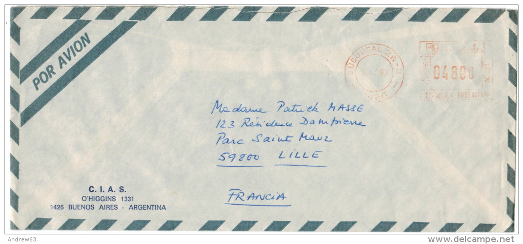 ARGENTINA - 1990 - Air Mail - EMA, Red Cancel 04800 - Viaggiata Da Buenos Aires Per Lille, France - Franking Labels