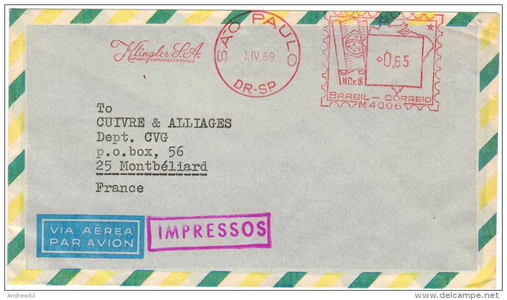 BRASILE - BRASIL - 1969 - Via Aerea - Par Avion - Air Mail - EMA, Red Cancel 0,65 Klingler S.A. - Viaggiata Da Sao Pa... - Franking Labels