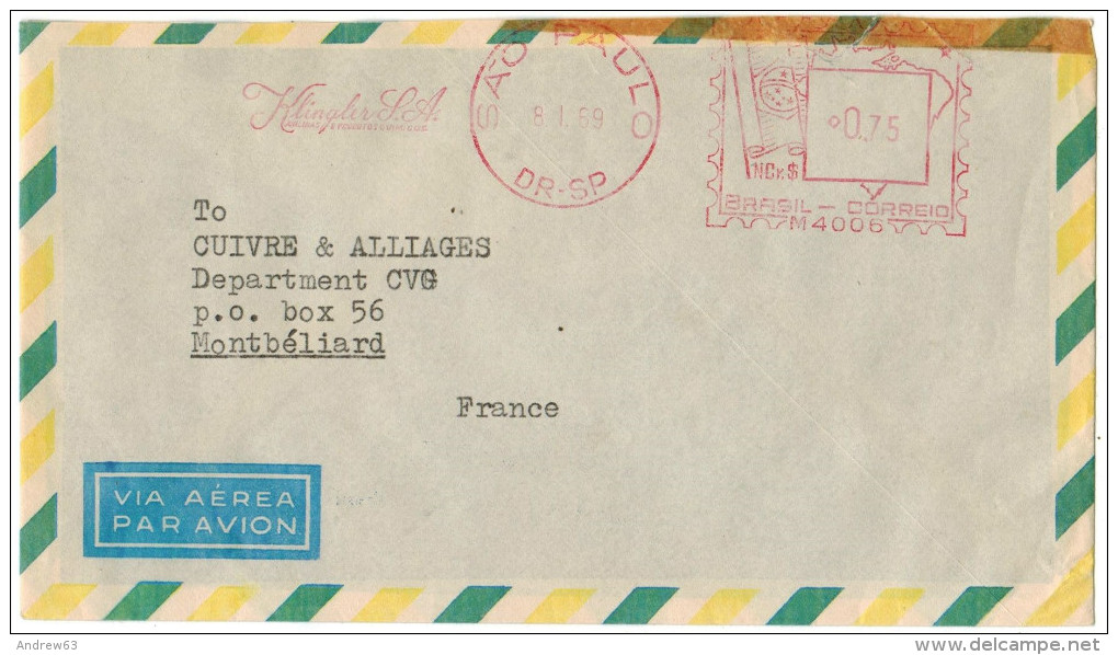 BRASILE - BRASIL - 1969 - Via Aerea - Par Avion - Air Mail - EMA, Red Cancel 0,75 Klingler S.A. - Viaggiata Da Sao Pa... - Automatenmarken (Frama)