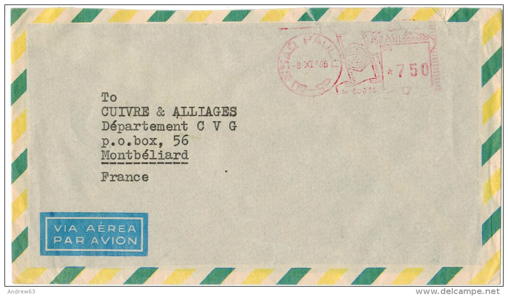 BRASILE - BRASIL - 1969 - Via Aerea - Par Avion - Air Mail - EMA, Red Cancel 750 Klingler S.A. - Viaggiata Da Sao Pau... - Franking Labels