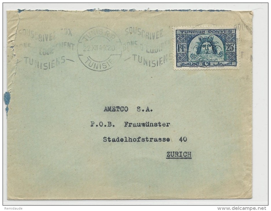 TUNISIE - 1949 - ENVELOPPE De TUNIS Pour ZÜRICH (SUISSE) - Cartas & Documentos