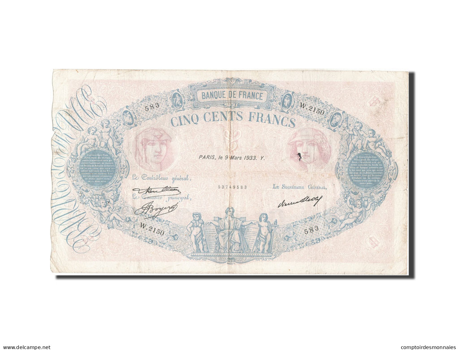 Billet, France, 500 Francs, 500 F 1888-1940 ''Bleu Et Rose'', 1933, 1933-03-09 - 500 F 1888-1940 ''Bleu Et Rose''