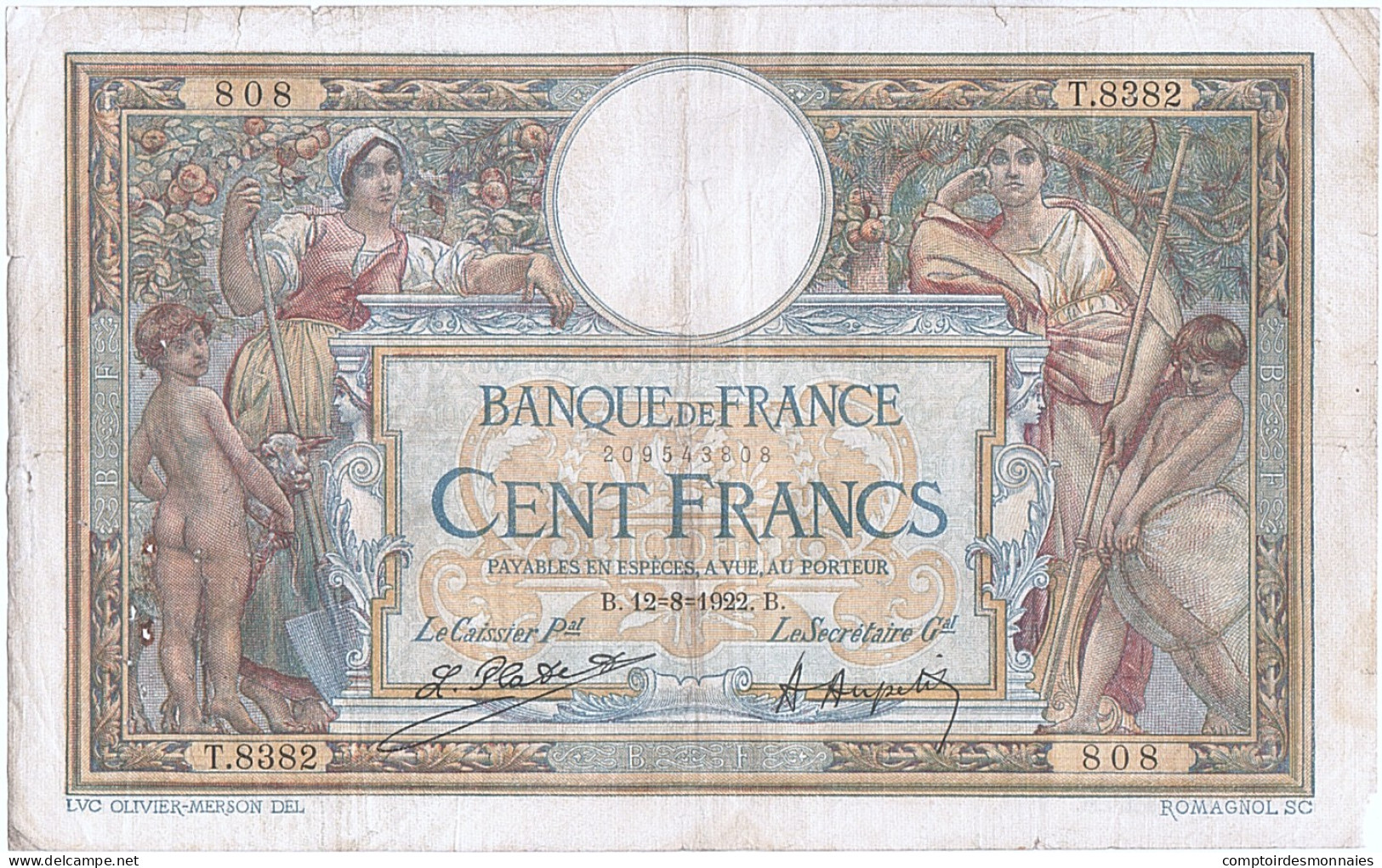 Billet, France, 100 Francs, 100 F 1908-1939 ''Luc Olivier Merson'', 1922, TB - 100 F 1908-1939 ''Luc Olivier Merson''